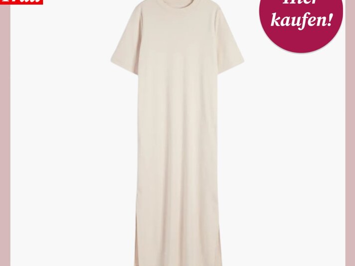 Das Werbebild zeigt ein beiges Kleid mit geradem Schnitt und Rundhalsausschnitt. | © C&A
