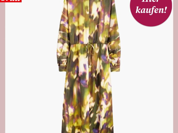 Ein Werbebild von einen bunten Kleid mit vielen Farben. Das Kleid hat einen Bindegürtel auf Taillenhöhe und lange Ärmel. | © C&A