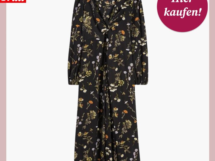 Ein Werbebild von einen schwarzen Kleid mit Blumenmuster. Das Kleid ist lang unnd hat ebenfalls lange Ärmel. | © C&A