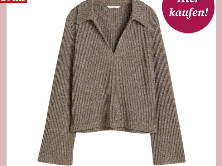 Ein braunes Oberteil von H&M für große Oberweite mit Polokragen und V-Ausschnitt, abgebildet vor einem weißen Hintergrund mit pinker Umrandung und mit dem Logo "Bild der Frau" in der oberen Ecke und einem kreisförmigen, pinkfarbenen Button mit der Aufschrift "Hier kaufen!" in der rechten unteren Ecke. | © H&M