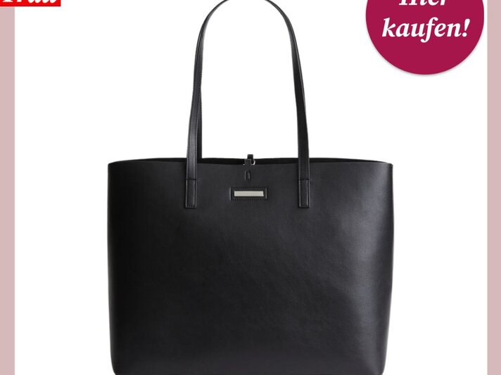  Eine elegante schwarze Shopper-Tasche ist zentral vor einem weißen Hintergrund mit alt-rosa Umrandung abgebildet. Oben links ist das Logo "Bild der Frau" in Rot und Weiß zu sehen, und oben rechts befindet sich ein runder, magentafarbener Button mit der Aufschrift "Hier kaufen!". | © H&M