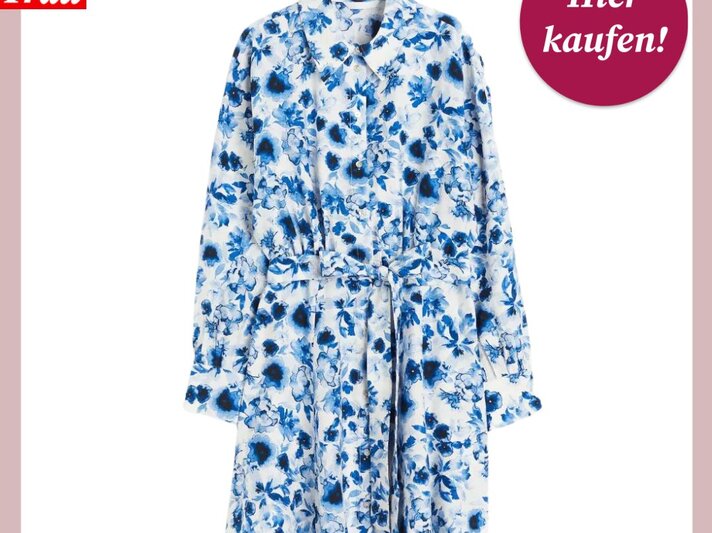Ein weißes Kleid mit blauem Blumenmuster ist zentral auf einem weißen Hintergrund mit rose Umrandung abgebildet. In der oberen rechten Ecke befindet sich ein runder, magentafarbener Button mit der Aufschrift "Hier kaufen!". In der oberen linken Ecke ist das Logo "Bild der Frau" in Rot und Weiß zu sehen. | © H&M