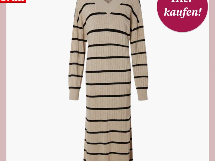 Gestreiftes, beigefarbenes Kleid mit schwarzen Streifen, langen Ärmeln und V-Ausschnitt im lässigen, figurnahen Schnitt. | © Lidl