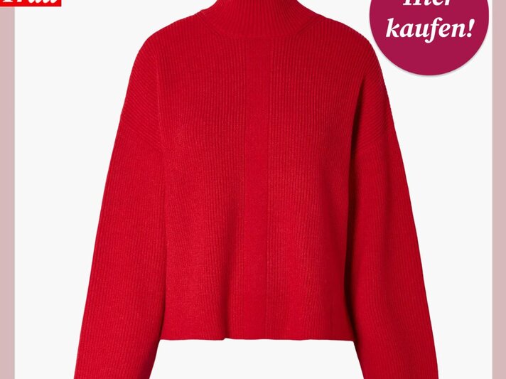 Roter Oversize-Pullover mit breitem Rollkragen und langen, weit geschnittenen Ärmeln aus grobem Strick. | © Lidl