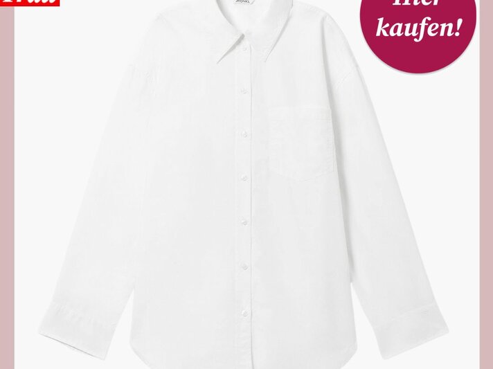 Eine weiße Bluse auf einer Shoppingseite mit einem roten "BILD der FRAU"-Logo oben links und einem "Hier kaufen"-Button. | © MONKI