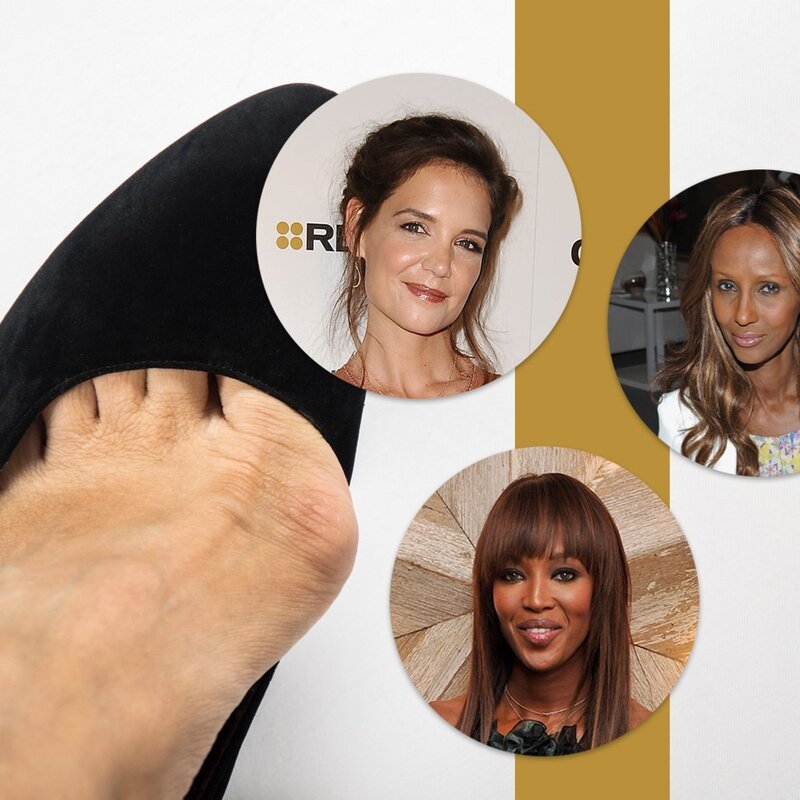 Collage, die ein Foto eines Fußes mit Hallux valgus (Ballenzeh) in einem schwarzen Schuh sowie Porträtfotos von drei prominenten Frauen darstellt, die ebenfalls unter Hallux valgus leiden könnten. Diese Frauen sind in runden Bildern dargestellt und die Collage hat eine goldene vertikale Linie als Trennlinie. | © iStock, Getty Images (3) Collage BdF Digital