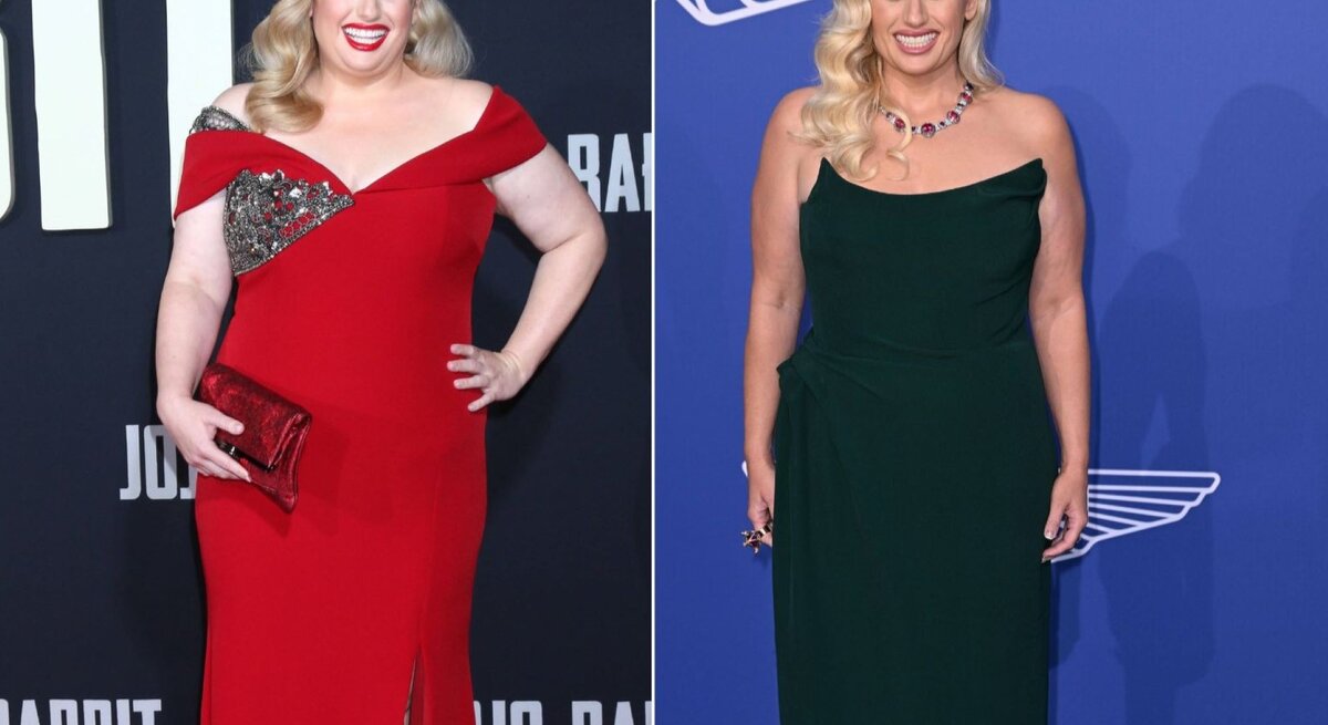 Das Vorher-Nachher-Bild zeigt zwei Aufnahmen von Rebel Wilson in Abendkleidern bei verschiedenen Veranstaltungen. Auf dem linken Bild trägt sie ein rotes Kleid mit einer schulterfreien Silhouette und einem verzierten Akzent, während sie auf dem rechten Bild in einem eleganten dunkelgrünen Kleid mit einer schulterfreien Silhouette zu sehen ist. Sie scheint bei beiden Anlässen glücklich und selbstbewusst zu sein, mit einem strahlenden Lächeln.  Auf dem linken Bild hat Rebel Wilson allerdings noch deutlich mehr Kilos auf den Rippen als auf dem rechten Foto.