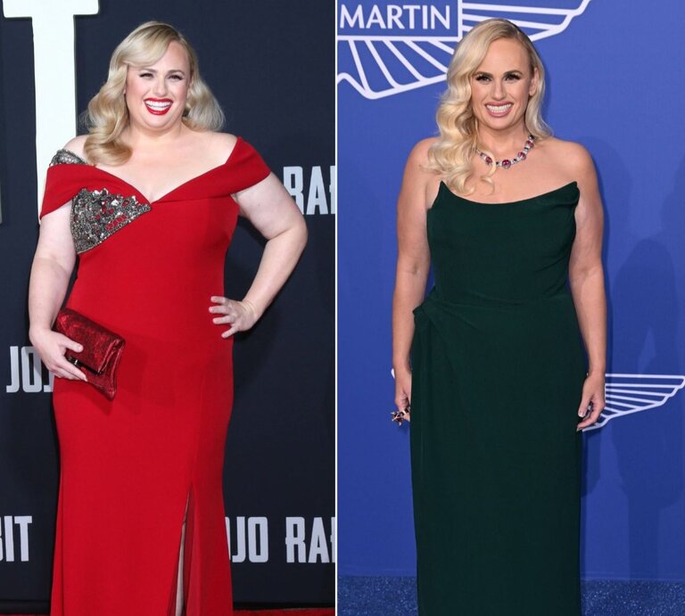 Das Vorher-Nachher-Bild zeigt zwei Aufnahmen von Rebel Wilson in Abendkleidern bei verschiedenen Veranstaltungen. Auf dem linken Bild trägt sie ein rotes Kleid mit einer schulterfreien Silhouette und einem verzierten Akzent, während sie auf dem rechten Bild in einem eleganten dunkelgrünen Kleid mit einer schulterfreien Silhouette zu sehen ist. Sie scheint bei beiden Anlässen glücklich und selbstbewusst zu sein, mit einem strahlenden Lächeln.  Auf dem linken Bild hat Rebel Wilson allerdings noch deutlich mehr Kilos auf den Rippen als auf dem rechten Foto. | © IMAGO/Independent Photo Agency Int. / IMAGO/PA Images (M)