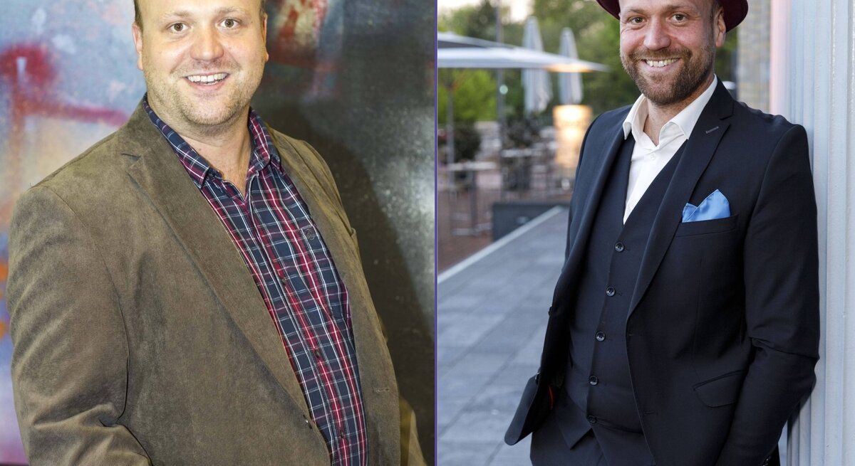 Collage von 2 Fotos von Schauspieler Moritz A Sachs in unterschiedlichen Outfits und Umgebungen, links ist er noch rundlich, rechts schlank.