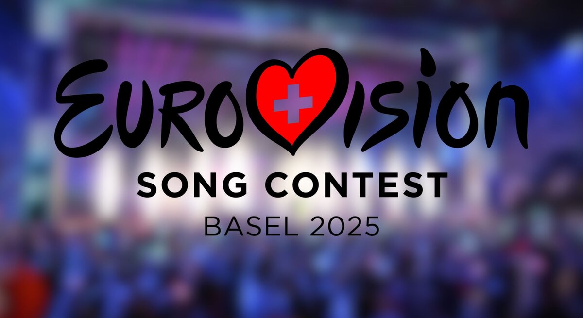 Logo des Eurovision Song Contest 2025 mit Herz in Schweizer Nationalfarben über unscharfem Publikum in Lichterstimmung.