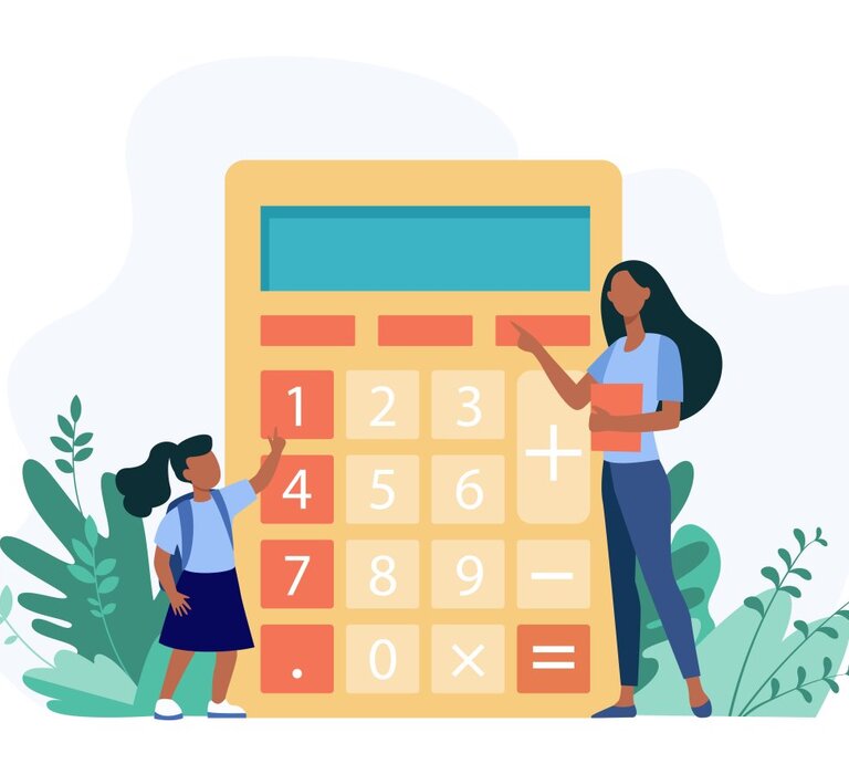 Eine Lehrerin und ein Schulmädchen tippen gemeinsam auf eine riesige Taschenrechner-Tastatur im Grünen. | © Getty Images/ PCH-Vector