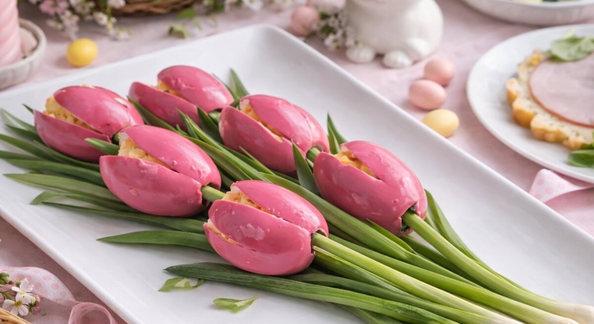 Die Tulpen-Eier mit Frühlingslauch auf einem weißen rechteckigen Teller mit viel Osterdeko drumherum.