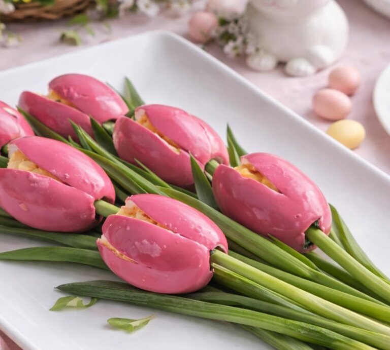 Die Tulpen-Eier mit Frühlingslauch auf einem weißen rechteckigen Teller mit viel Osterdeko drumherum. | © Erstellt mit KI (generiert mit ChatGPT)
