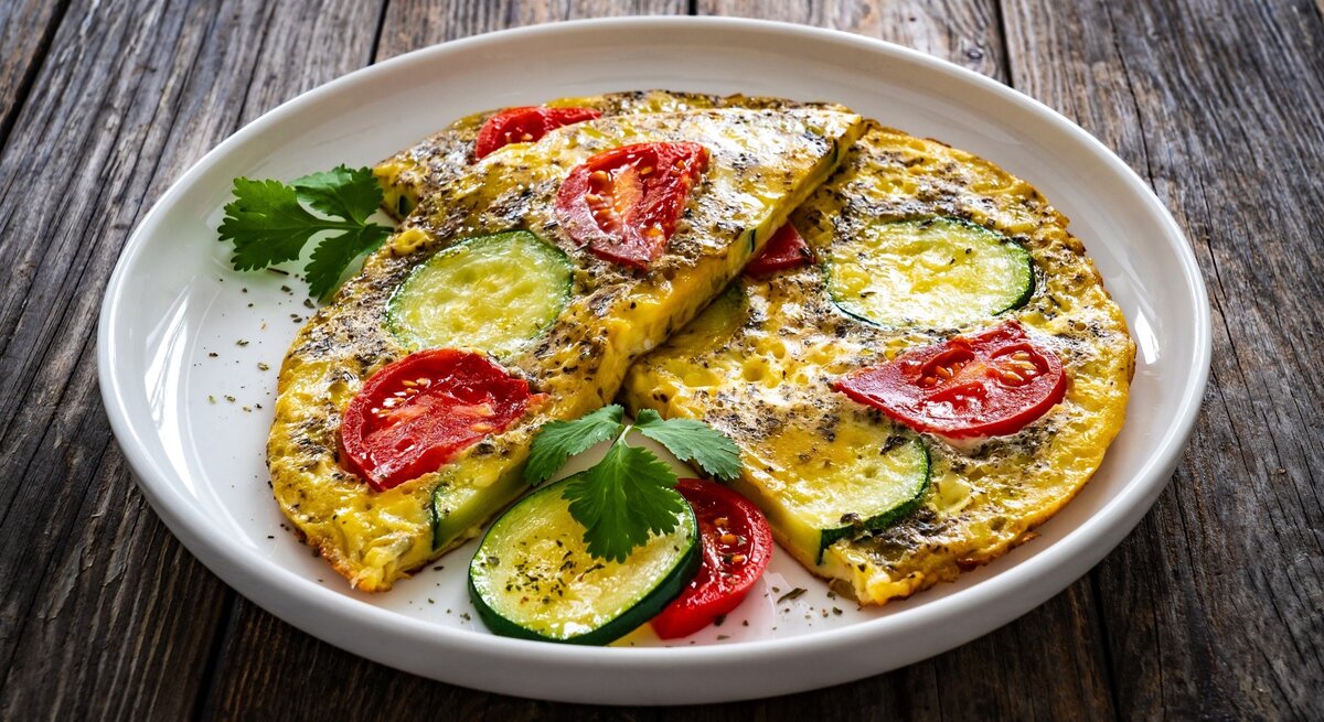 zwei halbierte Zucchini-Pfannkuchen mit Tomaten  / runder Teller / frische Petersilie / Draufsicht, schräg