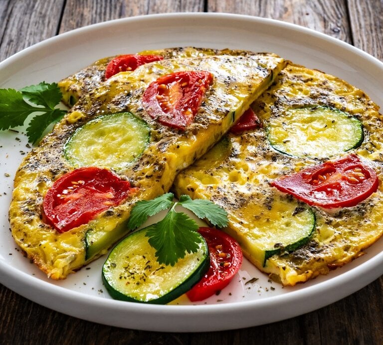 zwei halbierte Zucchini-Pfannkuchen mit Tomaten  / runder Teller / frische Petersilie / Draufsicht, schräg | © Shutterstock / Jacek Chabraszewski