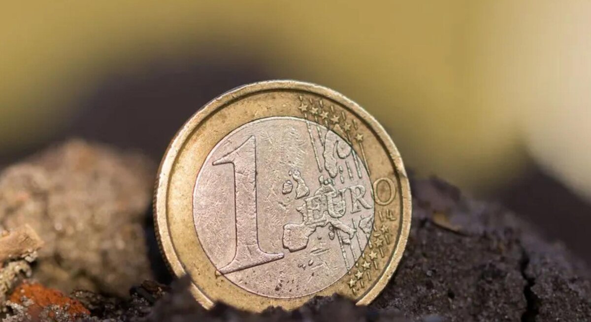Ein Euro liegt auf der Erde in Nahaufnahme. 