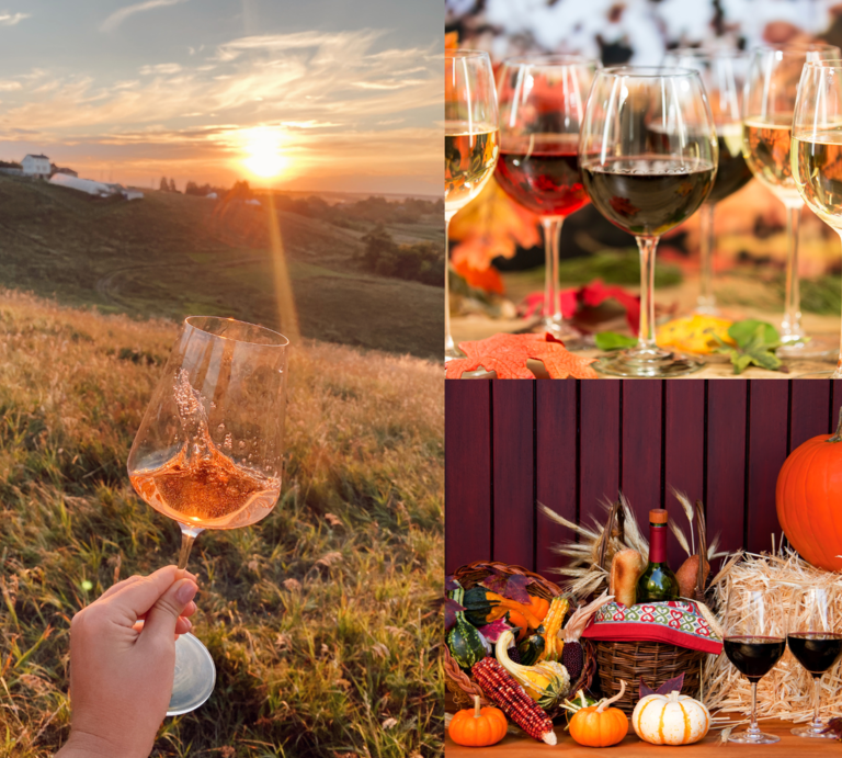 Herbstliche Weinmomente: Rosé im Sonnenuntergang, Gläser auf buntem Laub und Rotwein neben Kürbissen und Erntekorb auf Stroh. | © Canva/Collage:bildderfrau.de