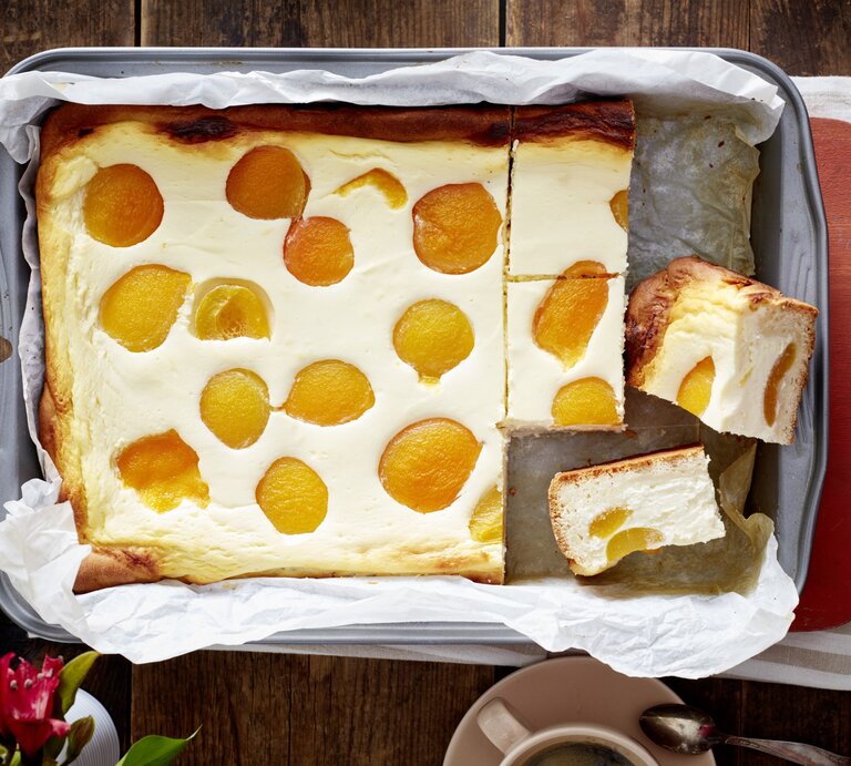 Aprikosen-Käsekuchen in einem Backblech auf hölzernem Hintergrund.  | © EAT CLUB/Isabell Triemer