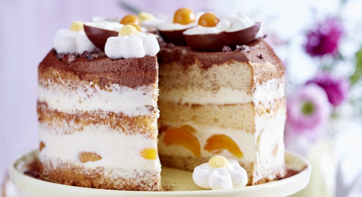 Frontalsicht: eine Aprikosen-Torte auf einer festlich gedeckten Tafel.