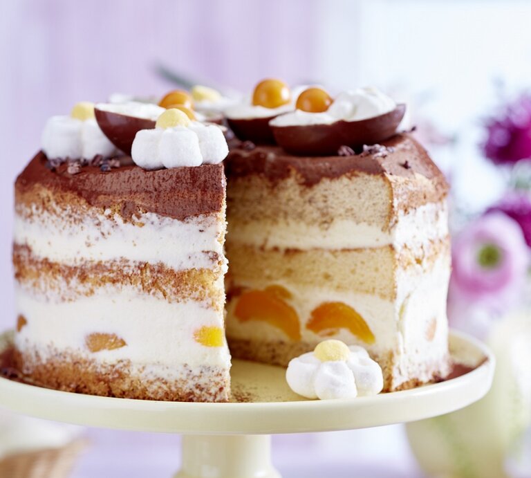 Frontalsicht: eine Aprikosen-Torte auf einer festlich gedeckten Tafel. | © isabelle triemer
