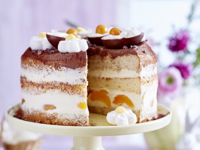 Frontalsicht: eine Aprikosen-Torte auf einer festlich gedeckten Tafel. | © isabelle triemer