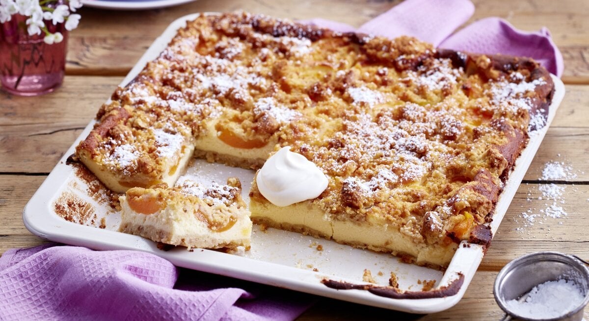 Aprikosen-Schmandkuchen auf einem weißen Backblech auf hölzernem Hintergrund. Links auf dem Foto ein Geschirrtuch und Blumen, rechts Puderzucker. 
