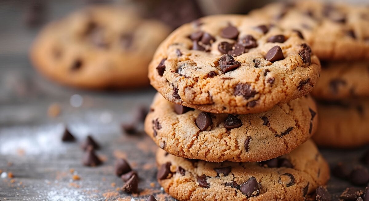 Ein Stapel goldbrauner Cookies mit Schokostückchen liegt auf einer dunklen Holzoberfläche, umgeben von verstreutem Mehl und Schokosplittern.