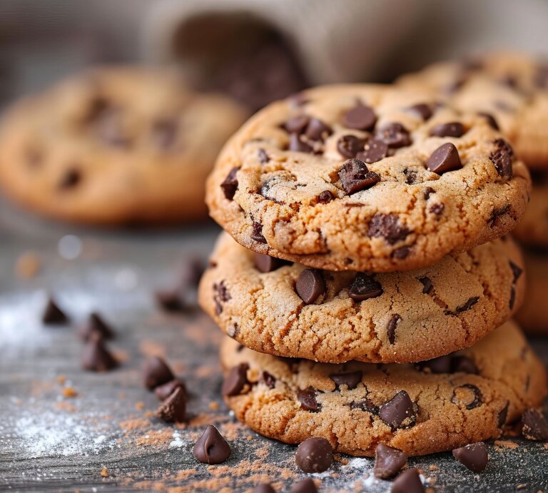 Ein Stapel goldbrauner Cookies mit Schokostückchen liegt auf einer dunklen Holzoberfläche, umgeben von verstreutem Mehl und Schokosplittern. | © Shutterstock/Metamore Studio