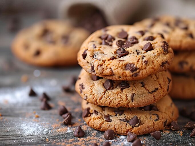 Ein Stapel goldbrauner Cookies mit Schokostückchen liegt auf einer dunklen Holzoberfläche, umgeben von verstreutem Mehl und Schokosplittern. | © Shutterstock/Metamore Studio