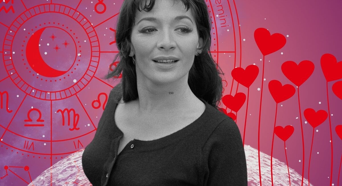 Schwarz-weiß Foto einer jungen Frau mit Retro-Charme vor astrologischem Hintergrund mit Tierkreiszeichen und Herzsymbolen – Venus im Stier verleiht Sinnlichkeit und feminine Stärke.
