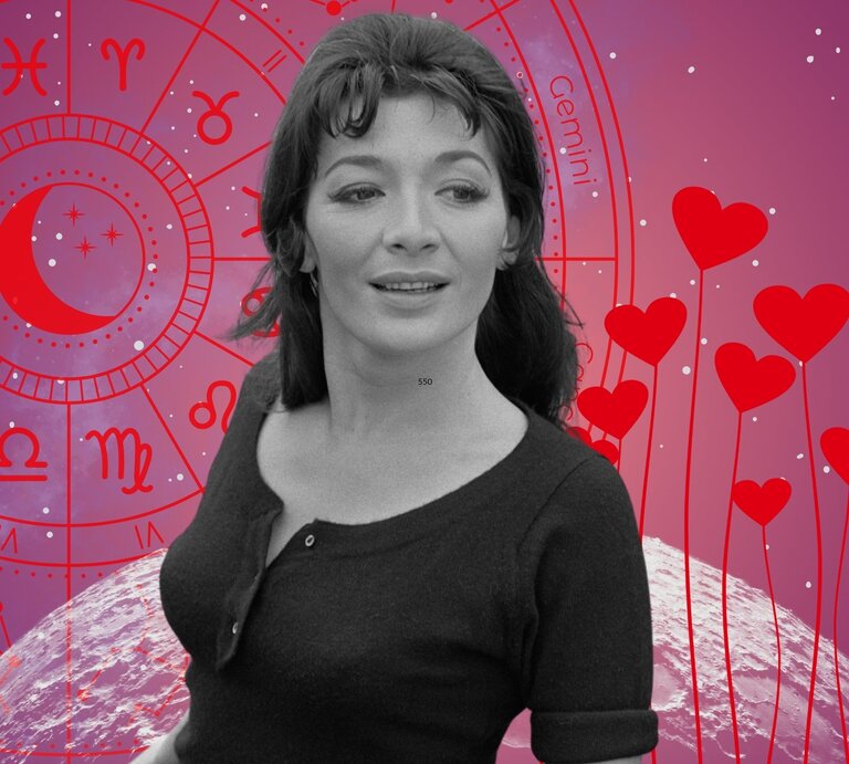 Schwarz-weiß Foto einer jungen Frau mit Retro-Charme vor astrologischem Hintergrund mit Tierkreiszeichen und Herzsymbolen – Venus im Stier verleiht Sinnlichkeit und feminine Stärke. | © Getty Images/ Popperfoto, WinWin.artlab, sceptical cactus, OyoyStudio, kucingpink/ mohamad imron hamsyah und ROYAL TRENDZ's Images/ Amaan Pathan via Canva.com [M]