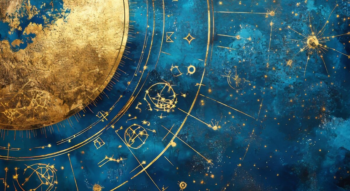 Abstrakte Darstellung eines astrologischen Sternenhimmels in Blau und Gold mit astrologischen Symbolen und Aspekten, inspiriert von einem Horoskop-Rad.