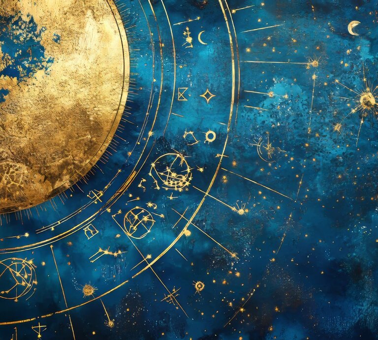 Abstrakte Darstellung eines astrologischen Sternenhimmels in Blau und Gold mit astrologischen Symbolen und Aspekten, inspiriert von einem Horoskop-Rad. | © Adobe Stock/ Daria (KI generiert)