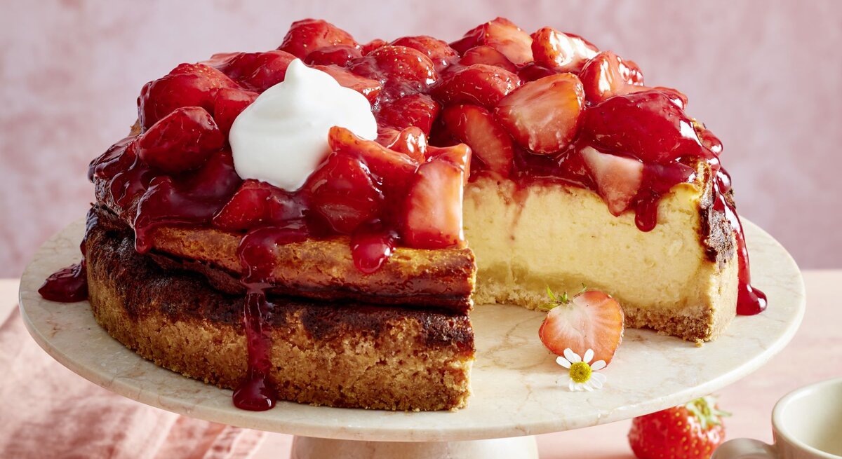 Erdbeer-Käsekuchen mit Sahne auf einem beigen Tortenteller vor rosa Hintergrund, darauf Erdbeeren und eine Tasse Kaffee verteilt. 
