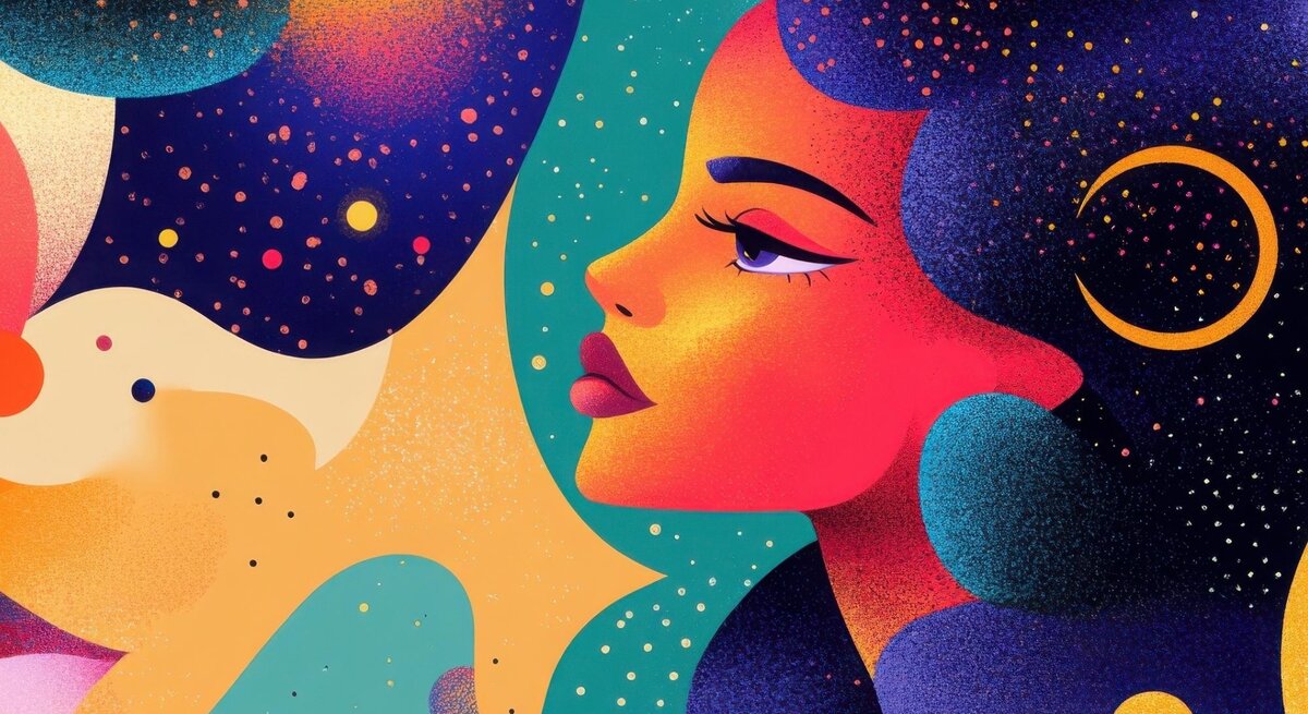 Farbintensive, abstrakte Illustration eines Frauenprofils vor einem kosmisch inspirierten Hintergrund mit Sternen, Planeten, Monden und fließenden Formen in kräftigen Farben wie Orange, Violett, Türkis und Gold. Die Darstellung vereint weibliche Stärke mit astrologischer Symbolik in einem träumerisch-galaktischen Stil.