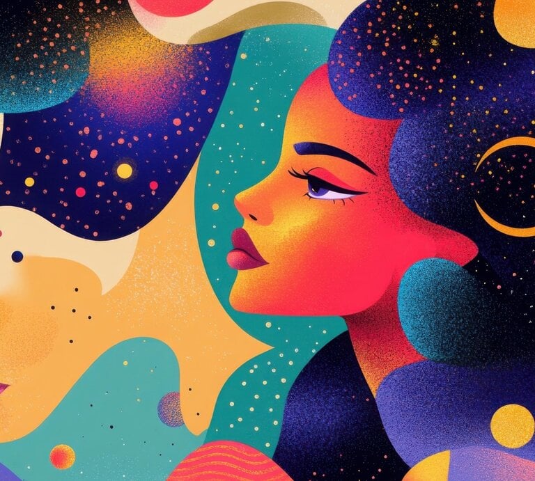 Farbintensive, abstrakte Illustration eines Frauenprofils vor einem kosmisch inspirierten Hintergrund mit Sternen, Planeten, Monden und fließenden Formen in kräftigen Farben wie Orange, Violett, Türkis und Gold. Die Darstellung vereint weibliche Stärke mit astrologischer Symbolik in einem träumerisch-galaktischen Stil. | © Adobe Stock/ Mia Studio (KI generiert)