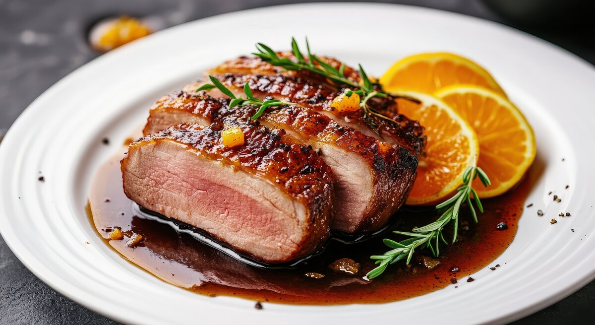 Zwei rosafarbene Entenbrustscheiben mit knuspriger Kruste liegen in Orangensauce neben frischen Orangenscheiben und Rosmarin.