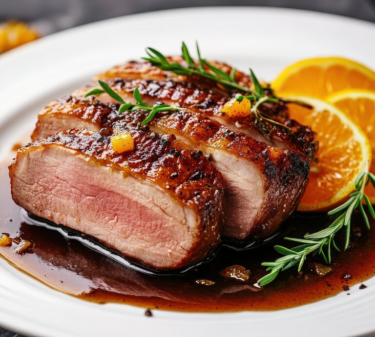 Zwei rosafarbene Entenbrustscheiben mit knuspriger Kruste liegen in Orangensauce neben frischen Orangenscheiben und Rosmarin. | © Shutterstock/vilai12 seehalath