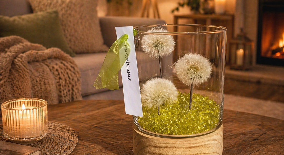 Glasgefäß mit Pusteblumen in gelben Gelperlen auf Holztisch, daneben Kerze, Sofa und Kamin sorgen für warme, gemütliche Stimmung.