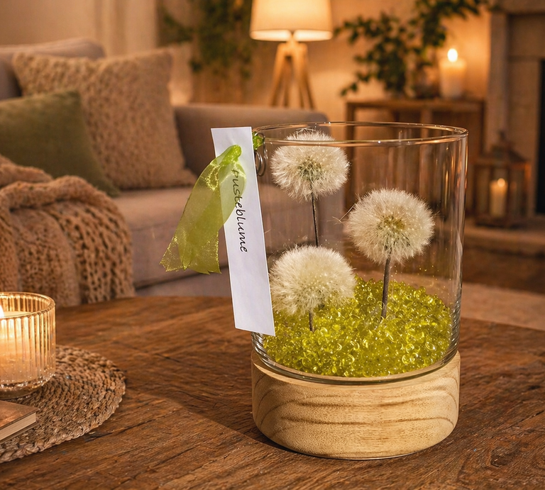 Glasgefäß mit Pusteblumen in gelben Gelperlen auf Holztisch, daneben Kerze, Sofa und Kamin sorgen für warme, gemütliche Stimmung. | © Erstellt mit KI (Generiert mit ChatGPT) 